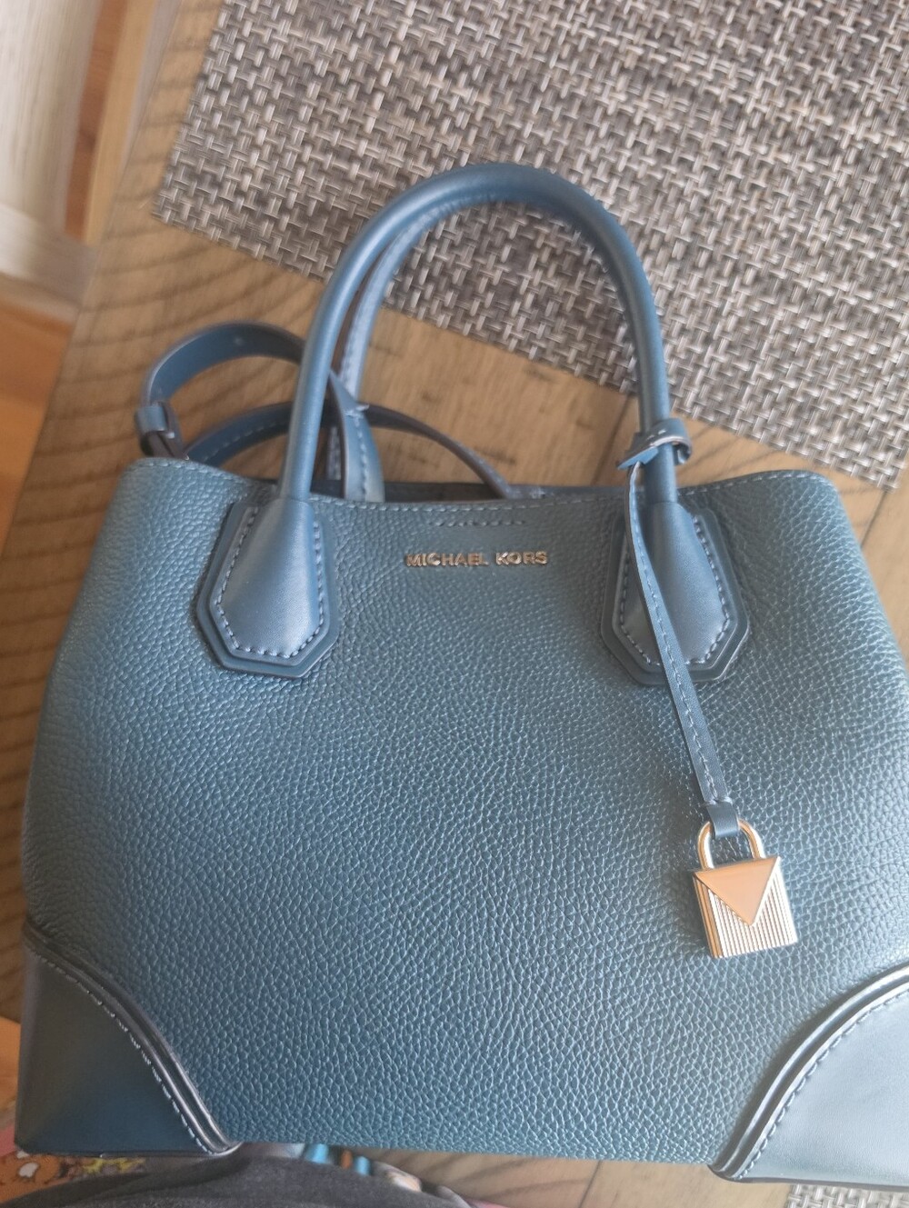 Michael Kors Teal Pebbled Leather Satchel with Gold-Tone Lock